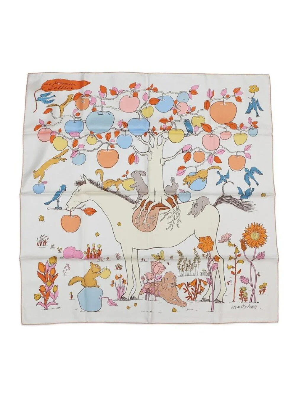 Hermes Scarf Carre 90 le Pommier Sellier Silk White